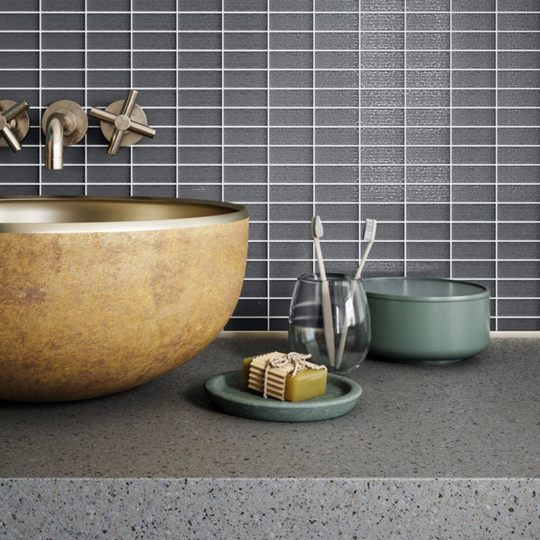 Island Stone-Cascade-12-x-12-Gloss-Textured-Glass-1x2-Straight-Stack-Mosaic-Graphite