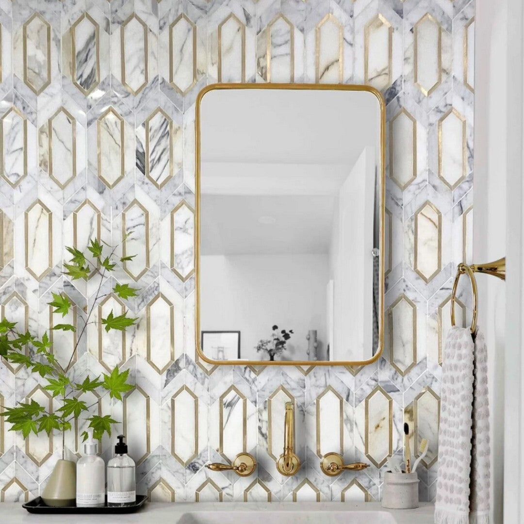 Rickert-Aluminum-Picket-11.5-x-14.33-Polished-Marble-Mosaic-Calacatta-Gold-Picket-w-Gold-Aluminum-